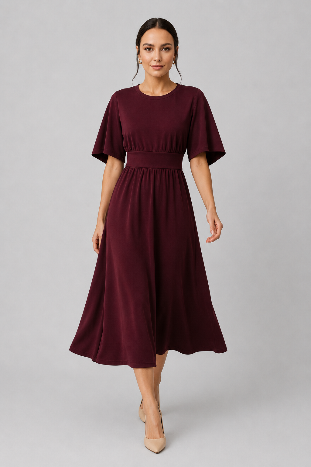 Fashionable burgundy midi dress, elegant wide sleeves & flattering waist belt.