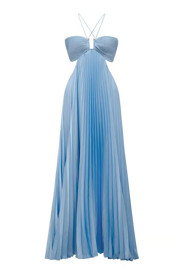 Sophisticated blue pleated maxi dress featuring a stylish cutout; ideal formal wedding guest attire.