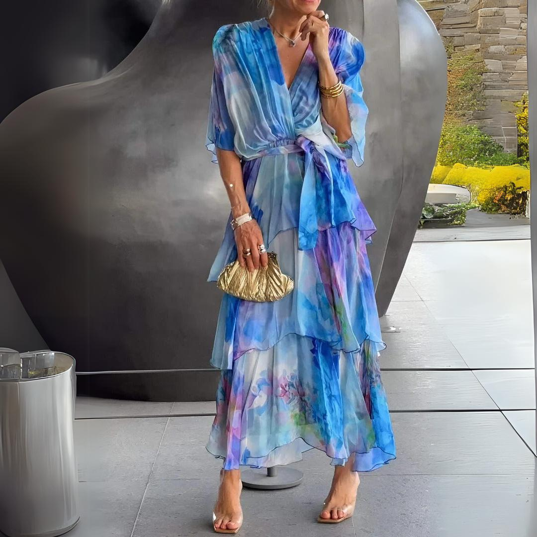 Elegant blue women's V-neck cocktail dress with draped design, perfect for parties & special occasions.