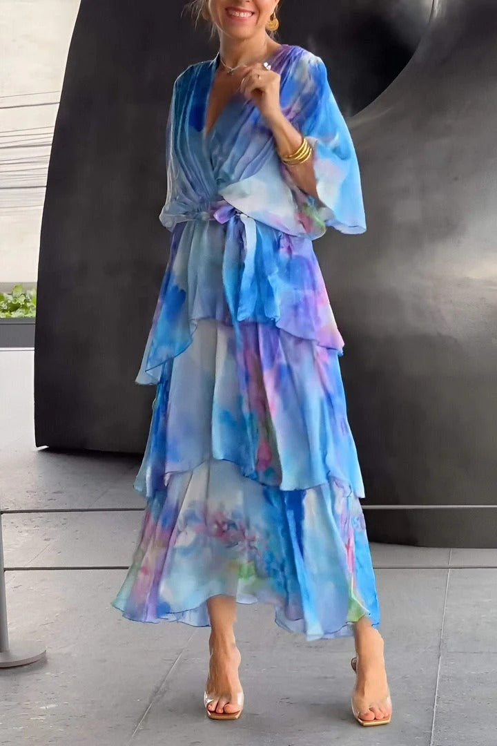 Stylish women's blue cocktail dress with tummy control & draped design, ideal for evening wear & elegant parties.
