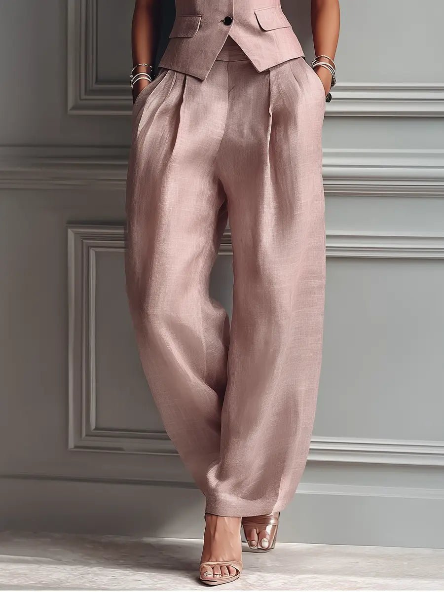 Blush pink elegant two-piece set for women: tailored vest and comfortable wide-leg pants. Perfect for formal events.