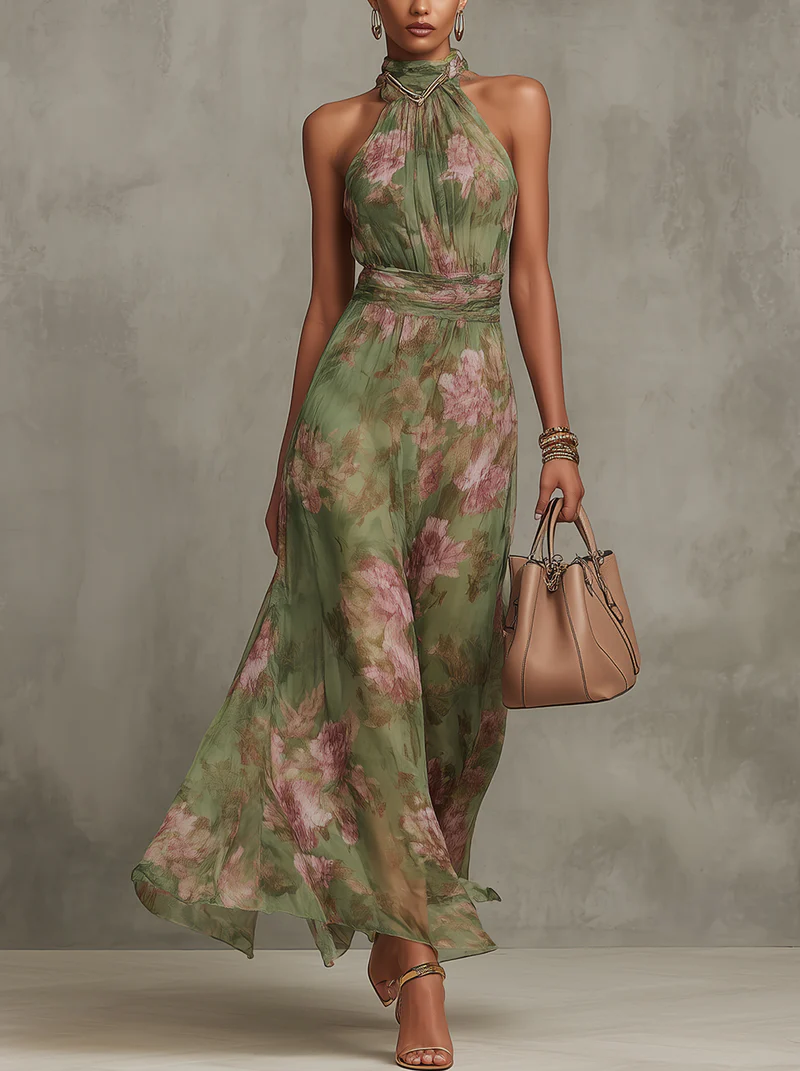 Elegant boho green maxi dress for women, perfect for wedding guests or formal summer special occasions.