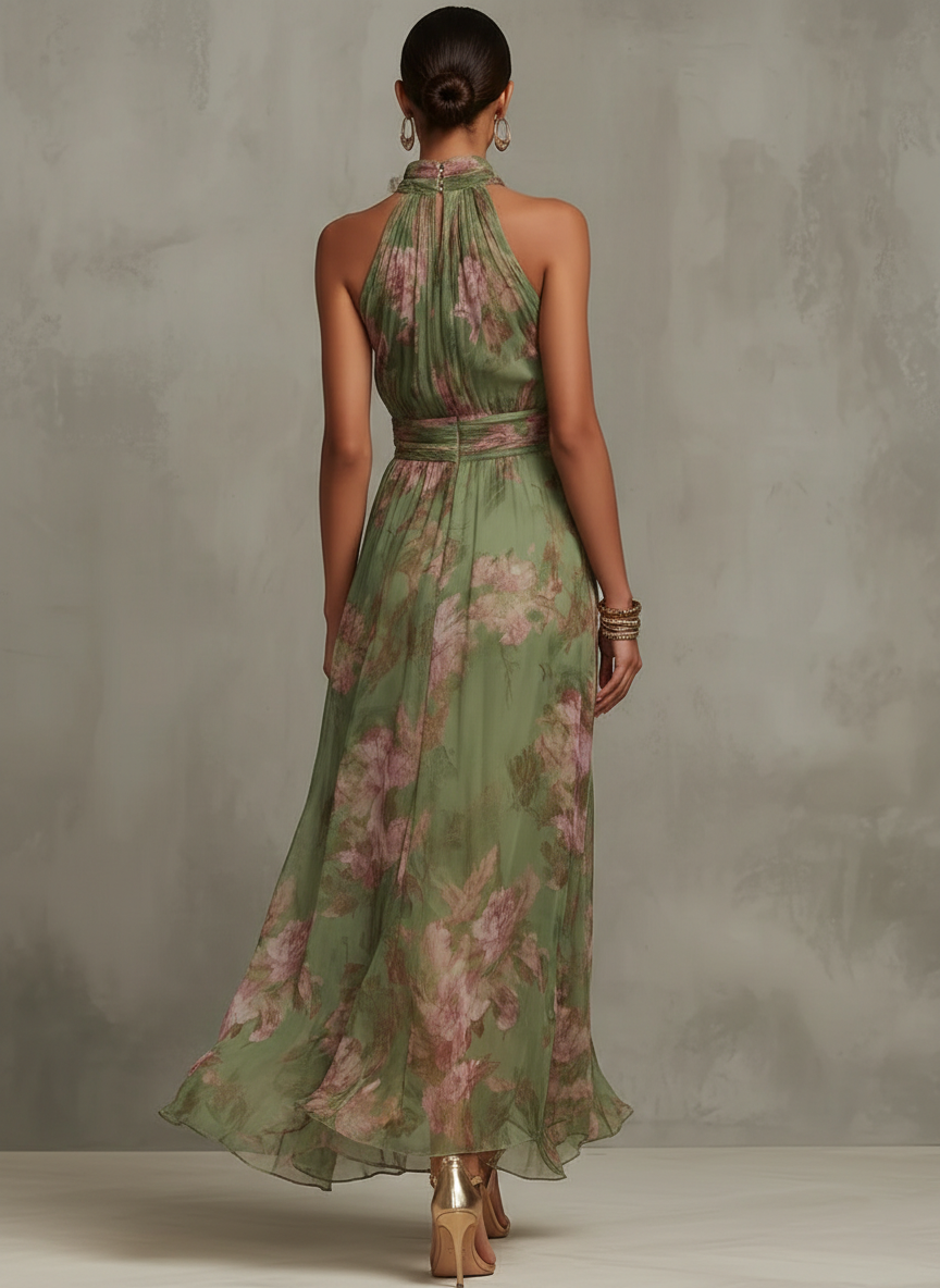 Women's A-line halter neck green boho maxi dress, an elegant formal party dress for special occasions.
