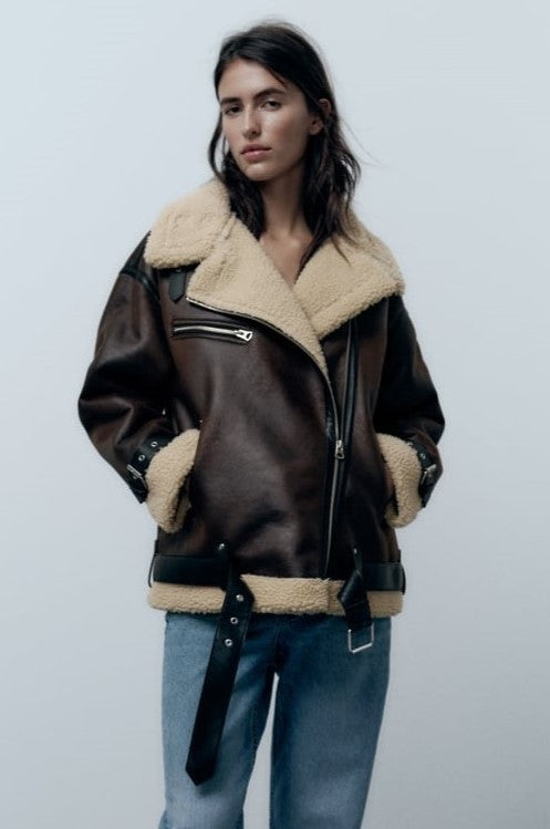 Elegant brown women's lapel jacket, perfect for versatile fall and winter stylish outerwear. Cozy & fashionable.