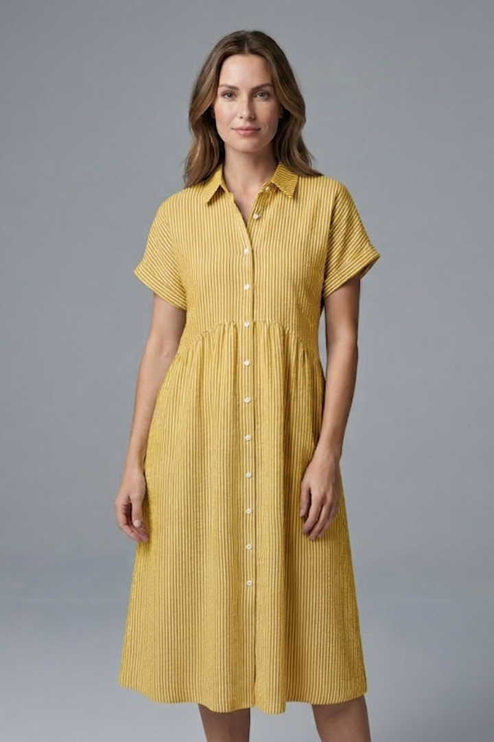 Sophisticated women's midi dress, collared & buttoned, presenting effortless elegant versatile style.