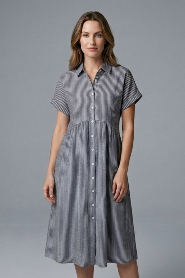 Highly versatile women's midi dress, button-front & collared, perfect for elegant office, day & summer style.