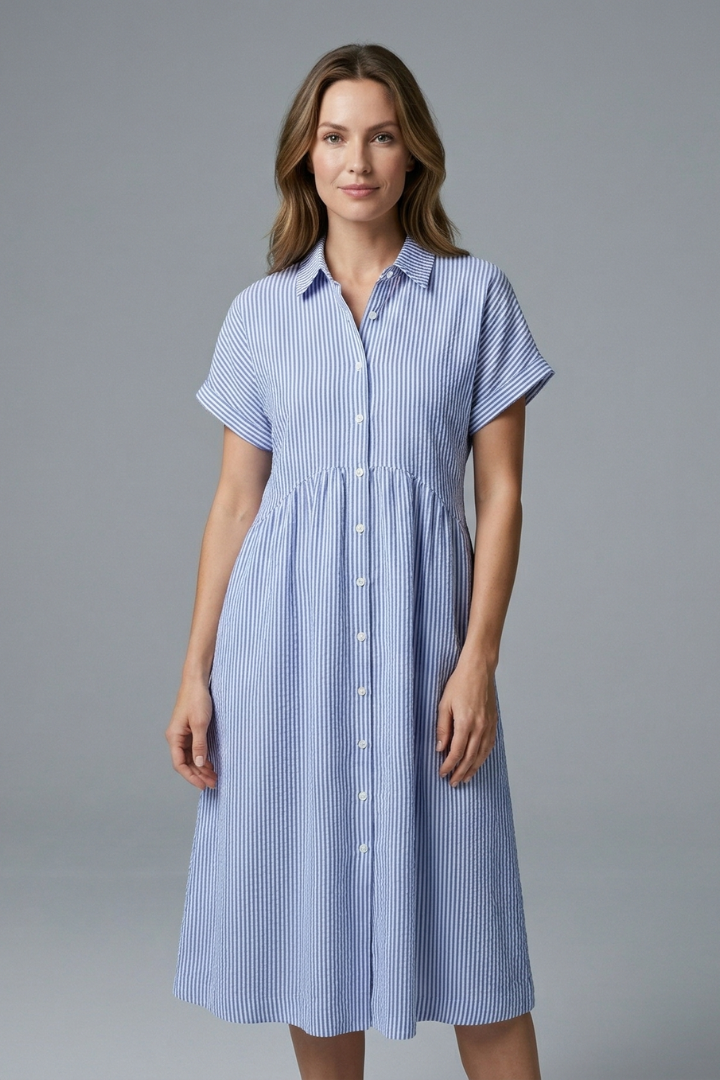 Flattering women's collared button-front midi dress, ideal for office style, day wear & elegant occasions.