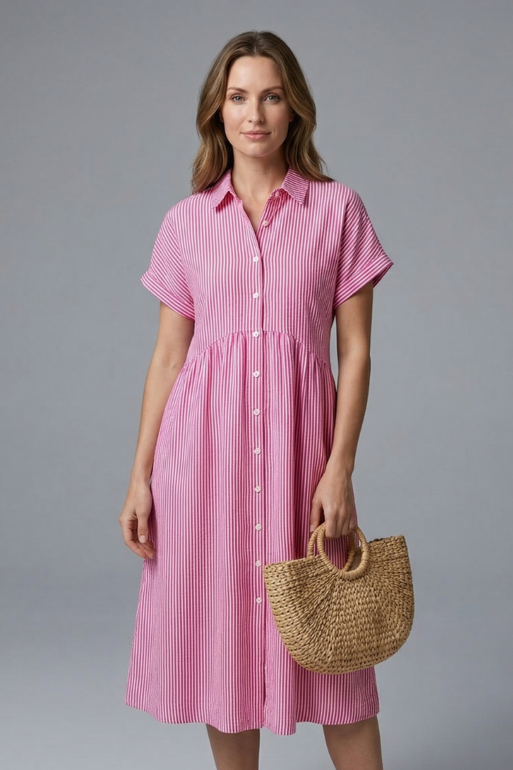 Effortless elegant women's collared midi dress with a stylish button-front; versatile day & office fashion.