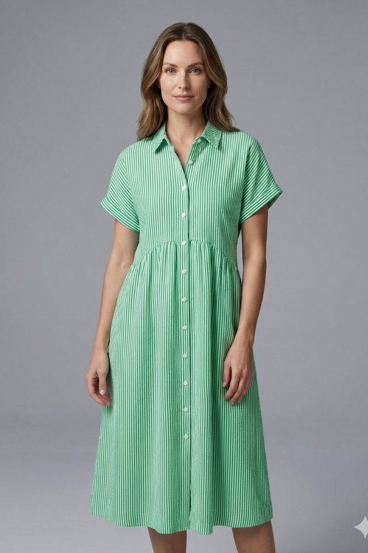 Women's elegant collared button-front midi dress, a flattering fit for versatile summer & office style.