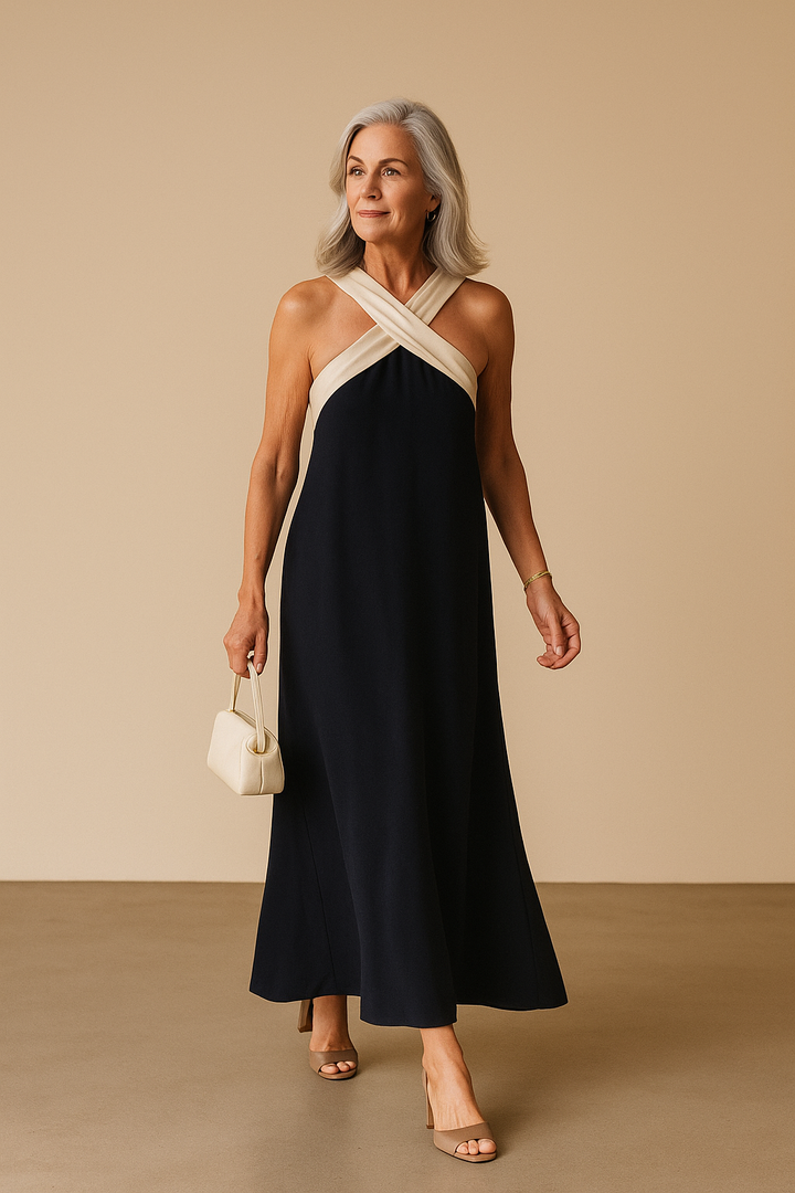 Elegant CL05 women's cross-neck summer dress. Chic A-line design, perfect for casual wear & vacation.
