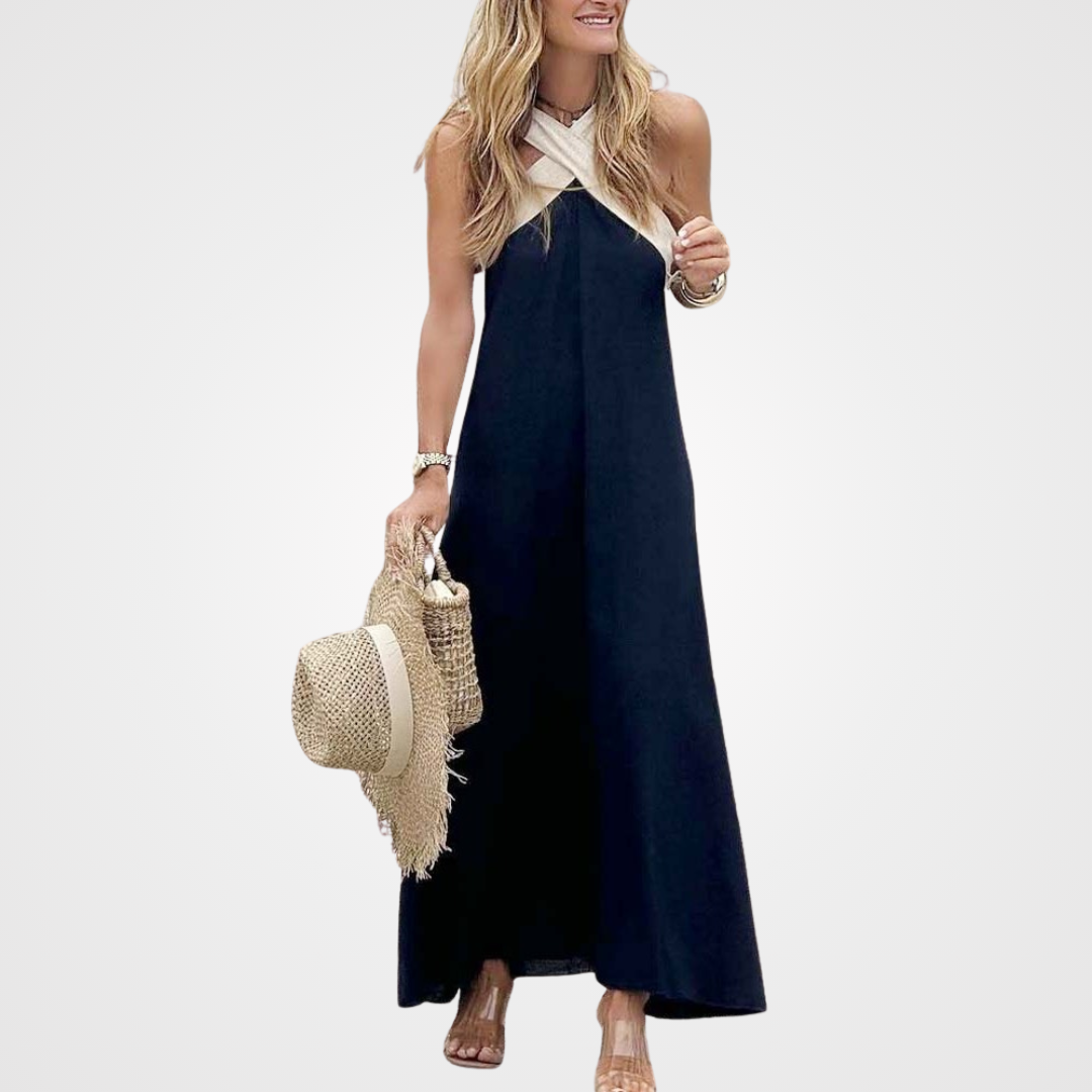 Chic women's elegant cross-neck A-line summer dress. Ideal for casual wear, vacation, and special events.