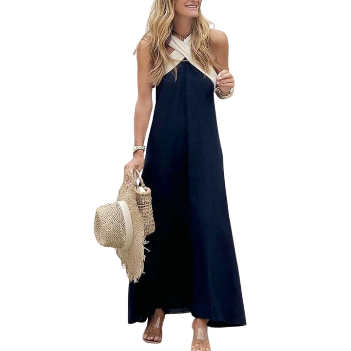 Light & elegant women's cross-neck summer dress. Sleeveless A-line for chic casual or vacation style.