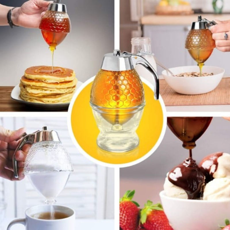 Stylish drip-free honey dispenser. Clear plastic design, perfect for serving syrups, a clean kitchen breakfast accessory.