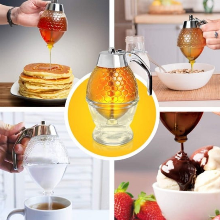 Stylish drip-free honey dispenser. Clear plastic design, perfect for serving syrups, a clean kitchen breakfast accessory.