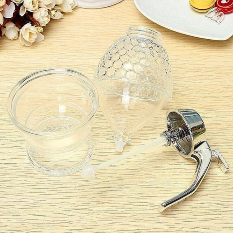 Mess-free honey & syrup dispenser. Elegant clear plastic kitchen tool for breakfast, a perfect sweetener holder.