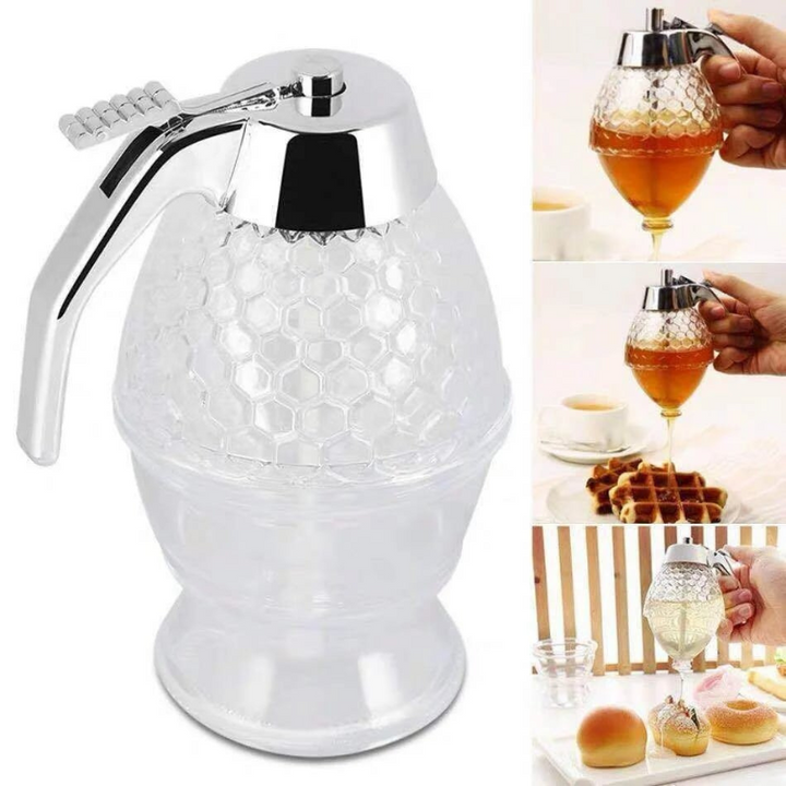 Practical clear plastic drip-free honey dispenser. Excellent kitchen tool for serving syrups & sweeteners neatly.