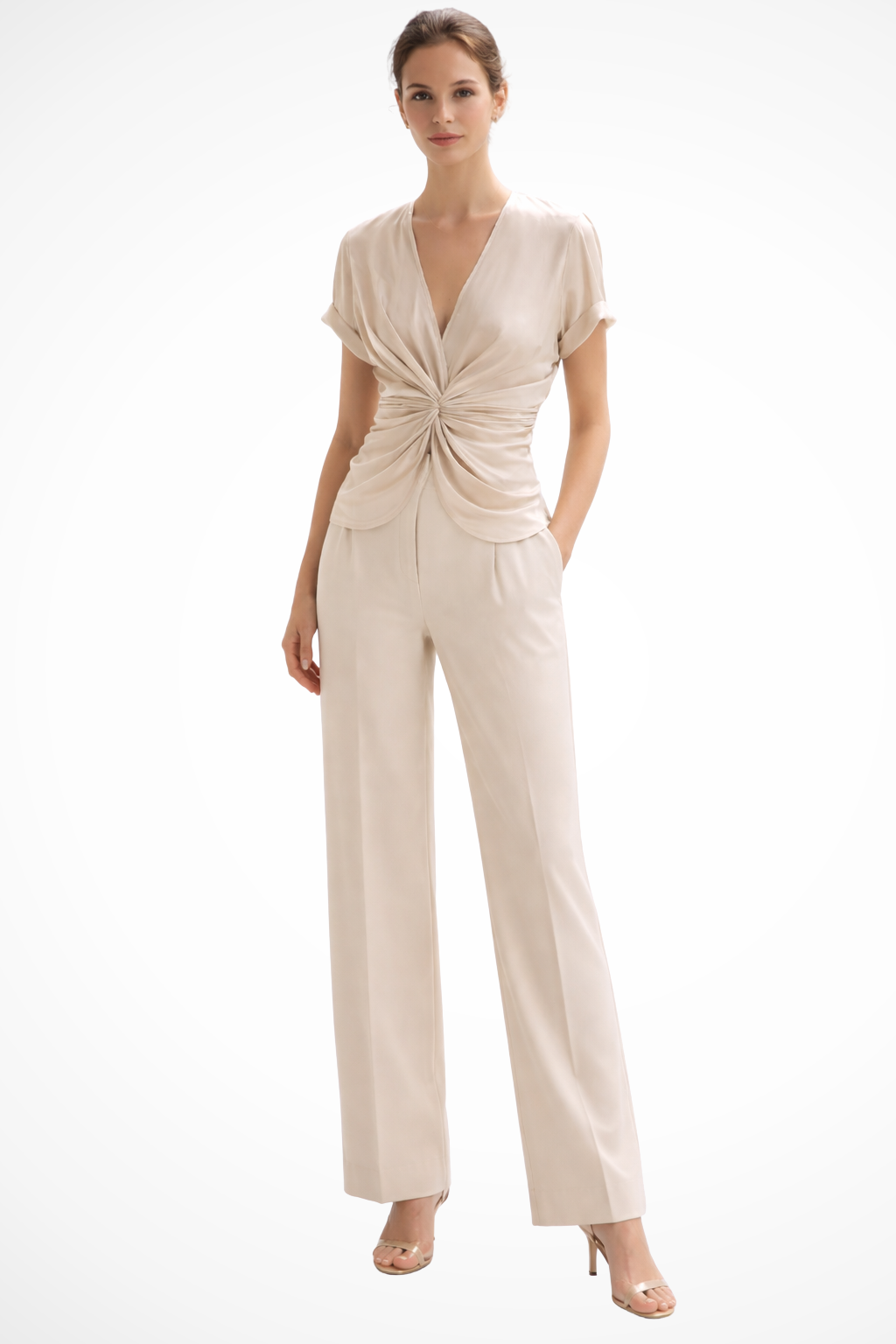 Elegant cream V-neck blouse for women, featuring a chic ruched twist front and short sleeves, perfect for office wear.
