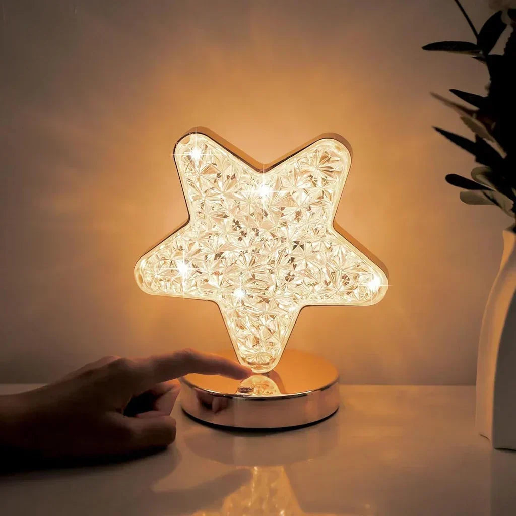 Dimmable LED crystal table lamp creating mood lighting for a cozy bedroom. Modern elegant night light for homes.