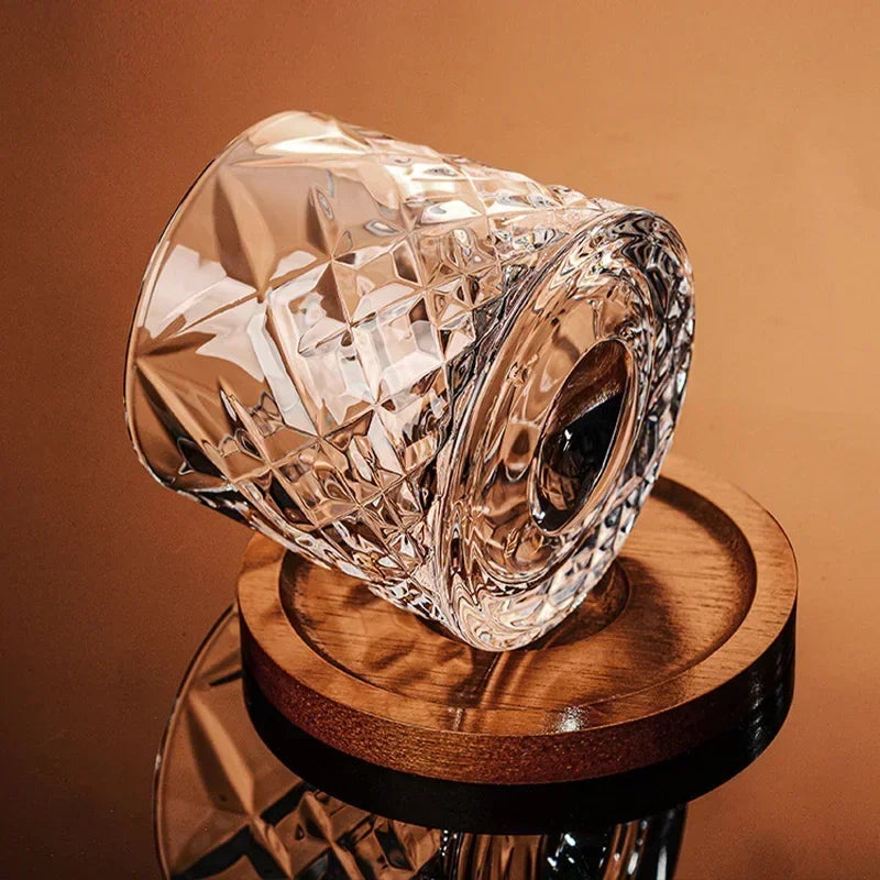 Modern crystal whiskey glass and wooden base set with unique design, perfect for sophisticated drinkware collections.