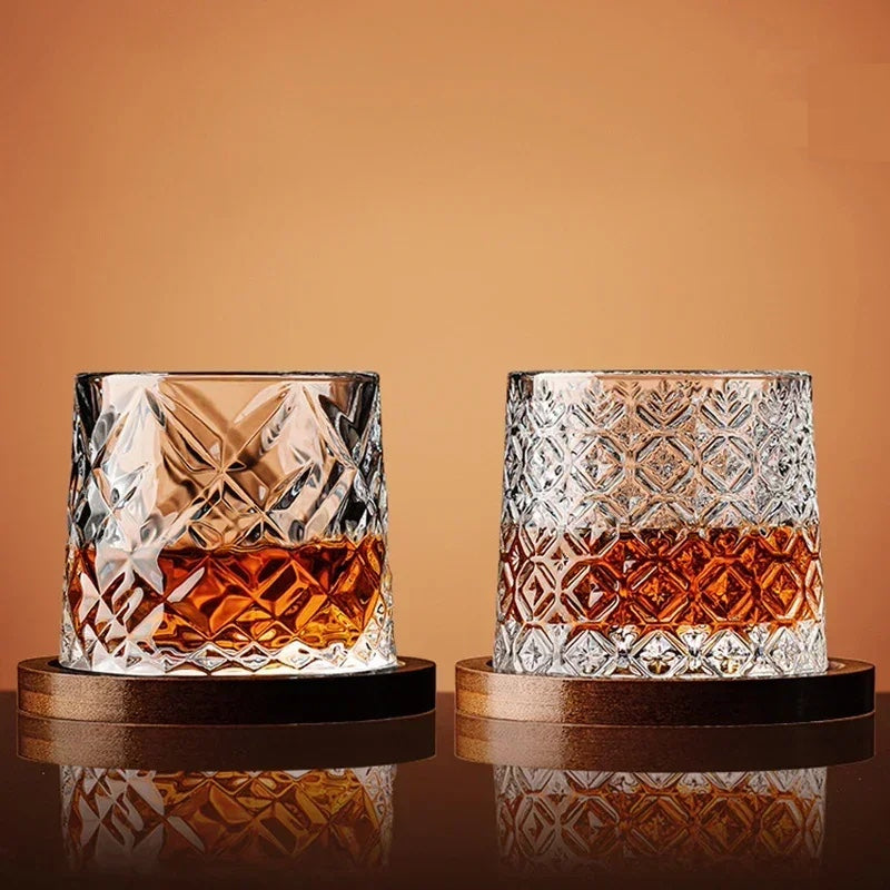 Premium crystal whiskey glass set, an elegant gift for whiskey lovers, featuring a beautiful wooden display base.