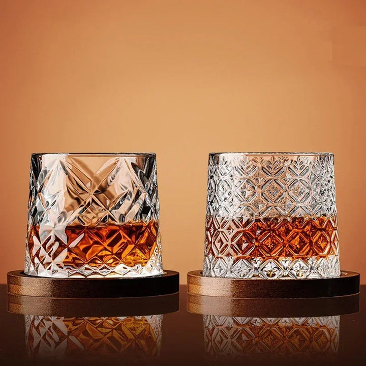 Premium crystal whiskey glass set, an elegant gift for whiskey lovers, featuring a beautiful wooden display base.