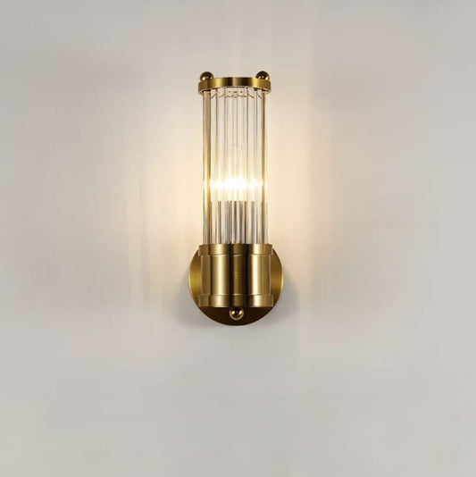 Elegant cylindrical glass wall sconce with chrome finish, crystal accents, electroplated hardware. Ideal for modern interiors