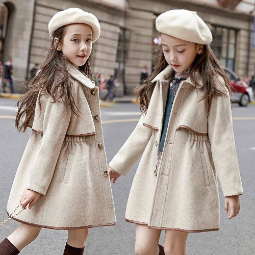 Elegant dark blue girls' wool blend trench coat for fall winter outerwear, kid's button jacket.
