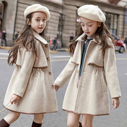 Elegant dark blue girls' wool blend trench coat for fall winter outerwear, kid's button jacket.