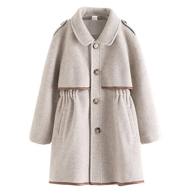 Graceful beige girls' wool blend midi trench coat, toddler fall winter buttoned outerwear.