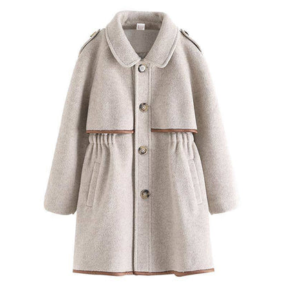 Graceful beige girls' wool blend midi trench coat, toddler fall winter buttoned outerwear.
