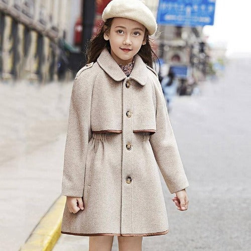 Girls' elegant dark blue wool blend trench coat, broadcloth long sleeve winter jacket for kids.