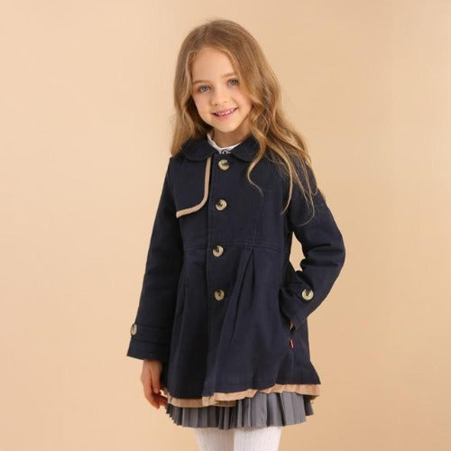Fashionable girls' beige wool blend trench coat, children's fall winter buttoned outerwear.