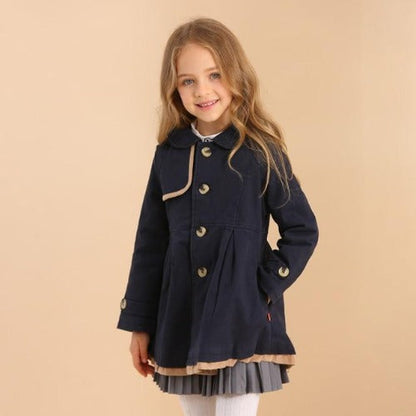 Fashionable girls' beige wool blend trench coat, children's fall winter buttoned outerwear.