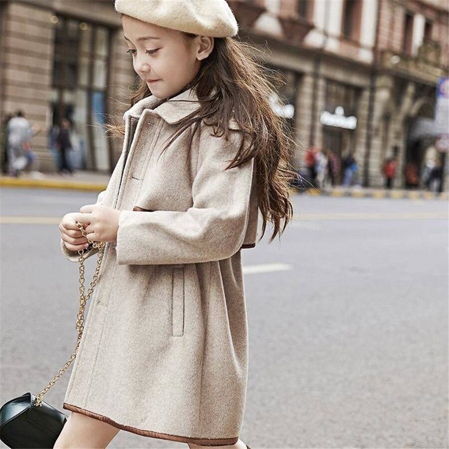 Kid's elegant dark blue wool blend trench coat, long sleeve midi winter jacket for toddler girls.