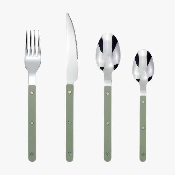High-quality 24-piece engraved stainless steel tableware for daily use.