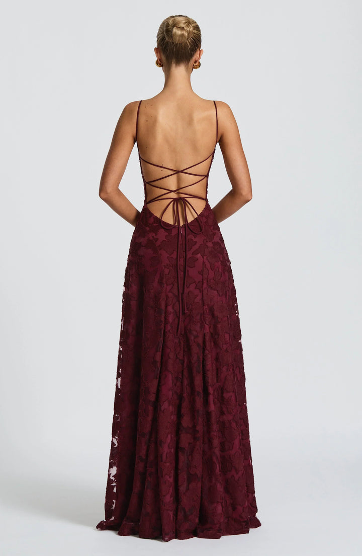 Floral print strappy A-line maxi dress, elegant women's formal gown for special events & evening wear.