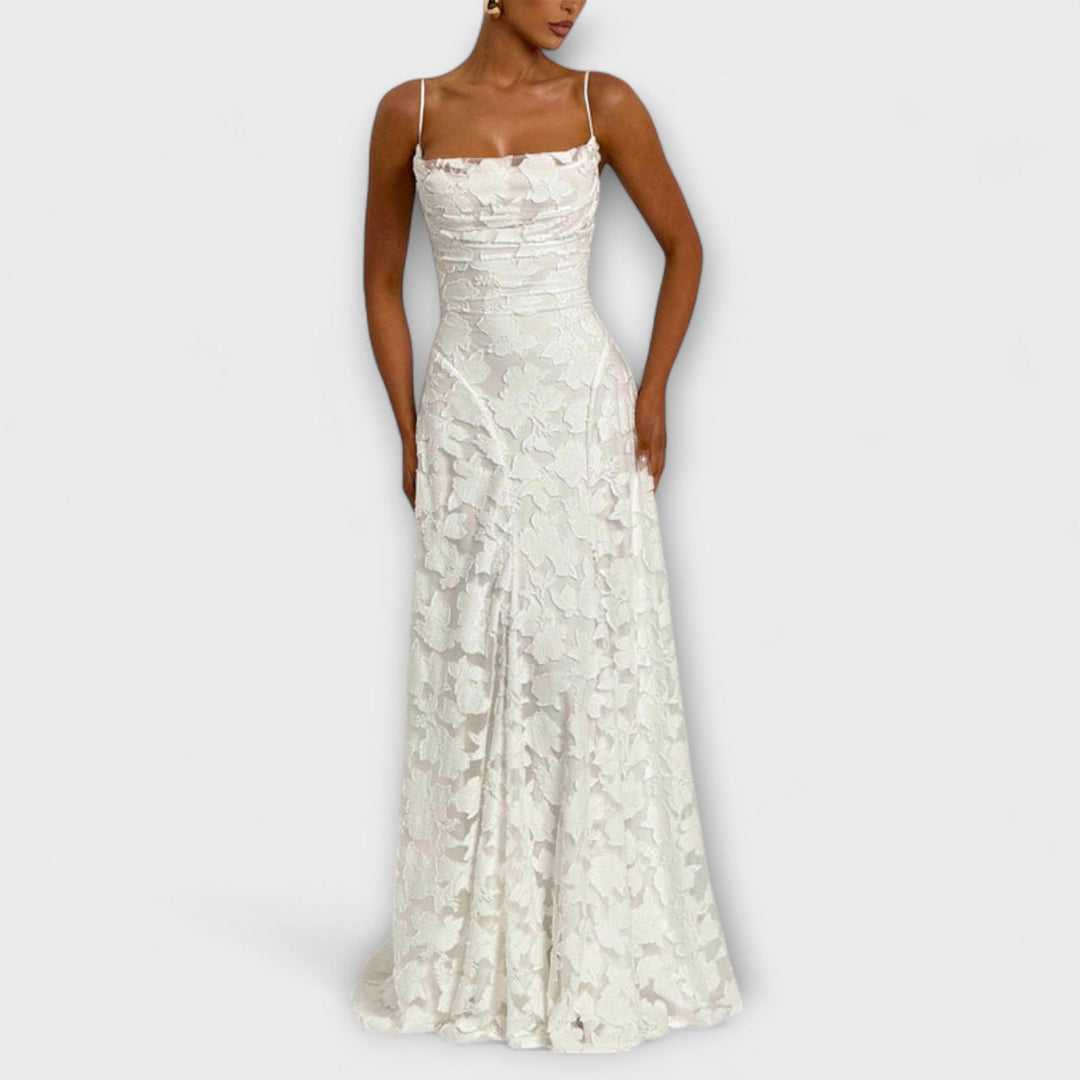 Elegant floral lace maxi dress for women, perfect for special occasions & wedding guests. Romantic A-line silhouette.