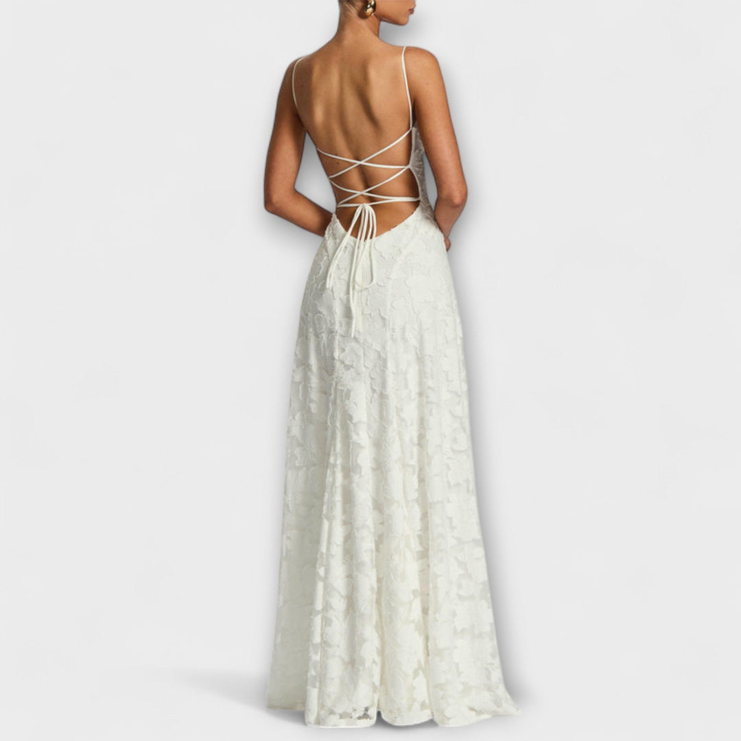Women's graceful floral lace maxi dress with delicate spaghetti straps, ideal for elegant parties & events.