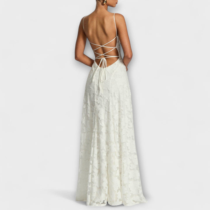 Women's graceful floral lace maxi dress with delicate spaghetti straps, ideal for elegant parties & events.