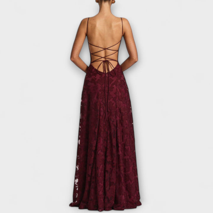 A-line women's maxi dress featuring intricate floral lace, designed for special occasions & evening wear.