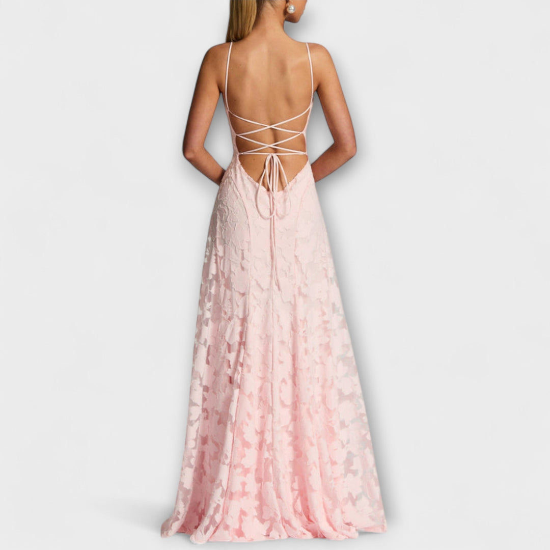 Romantic women's floral lace maxi dress, perfect as a wedding guest outfit or for special celebrations.
