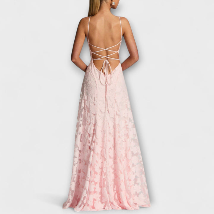 Romantic women's floral lace maxi dress, perfect as a wedding guest outfit or for special celebrations.