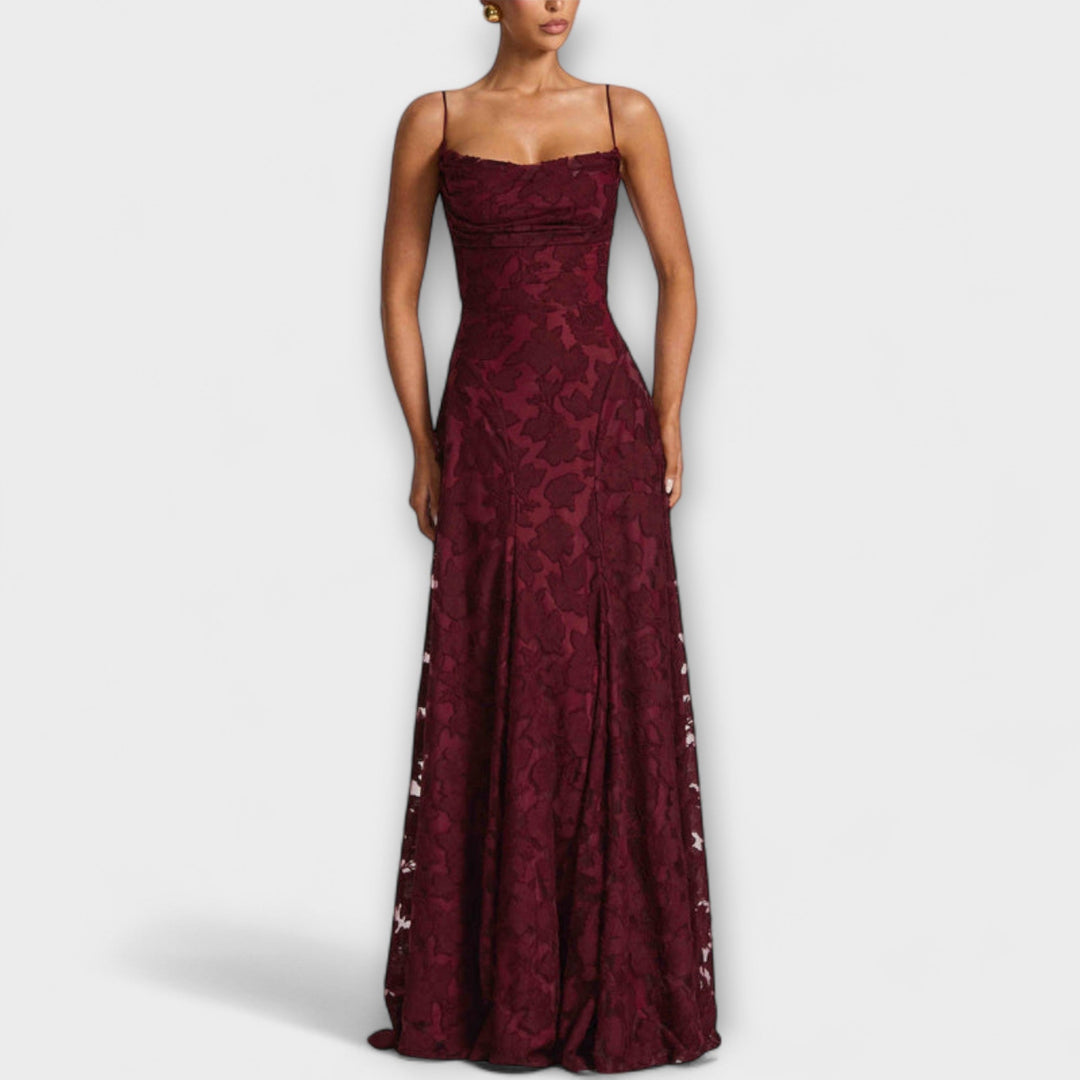Stunning women's elegant spaghetti strap maxi dress with beautiful floral lace for parties & formal events.