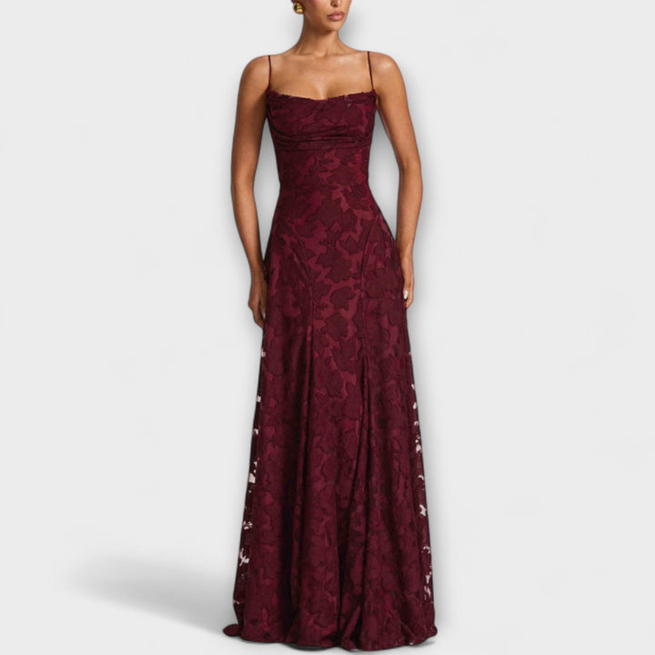 Stunning women's elegant spaghetti strap maxi dress with beautiful floral lace for parties & formal events.