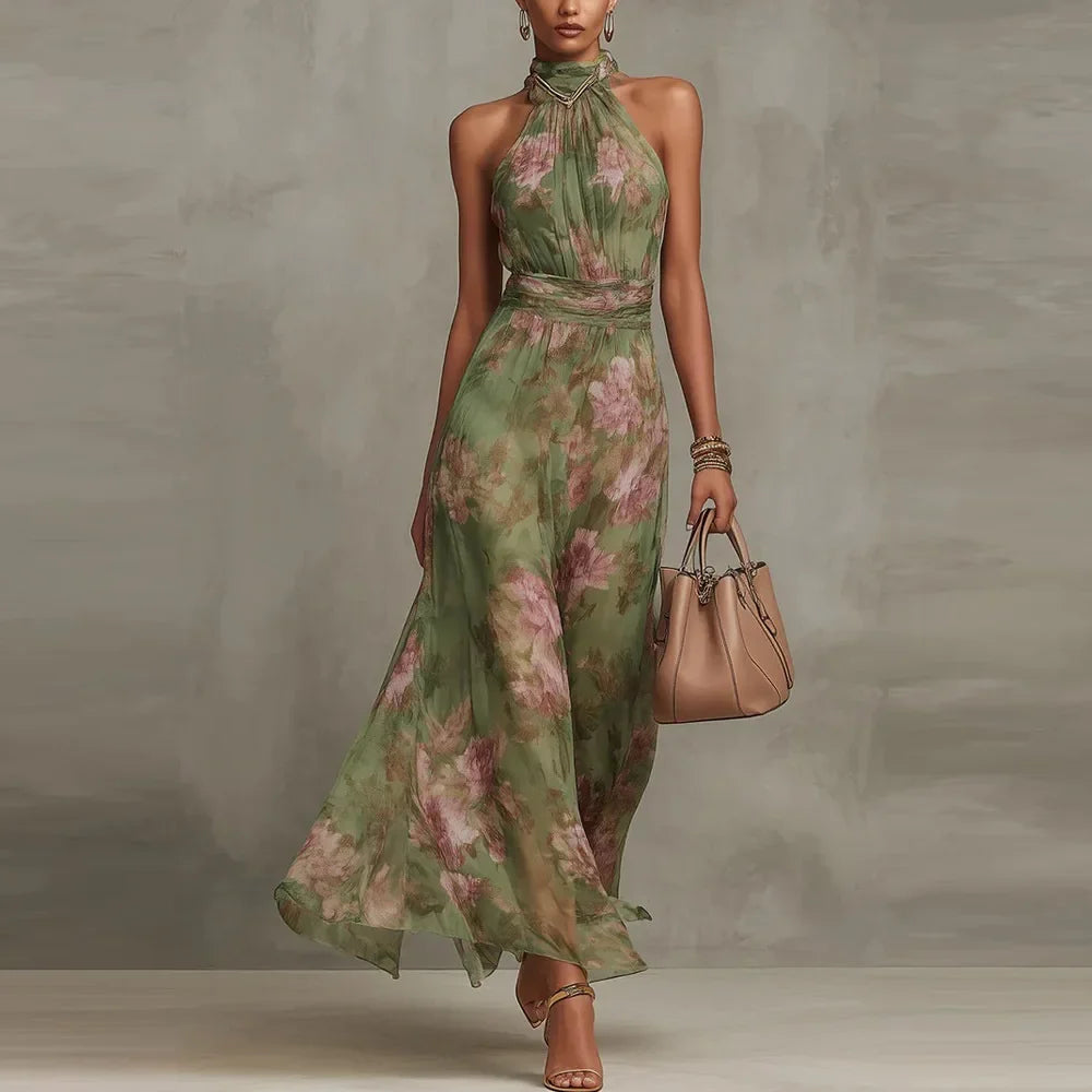 Women's sleeveless floral maxi dress with halter neck & ruched waist, ideal for vacation or parties.
