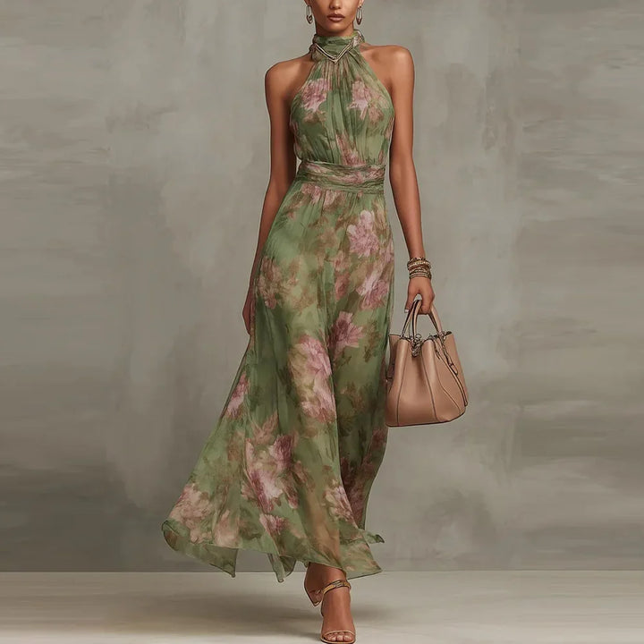 Women's sleeveless floral maxi dress with halter neck & ruched waist, ideal for vacation or parties.