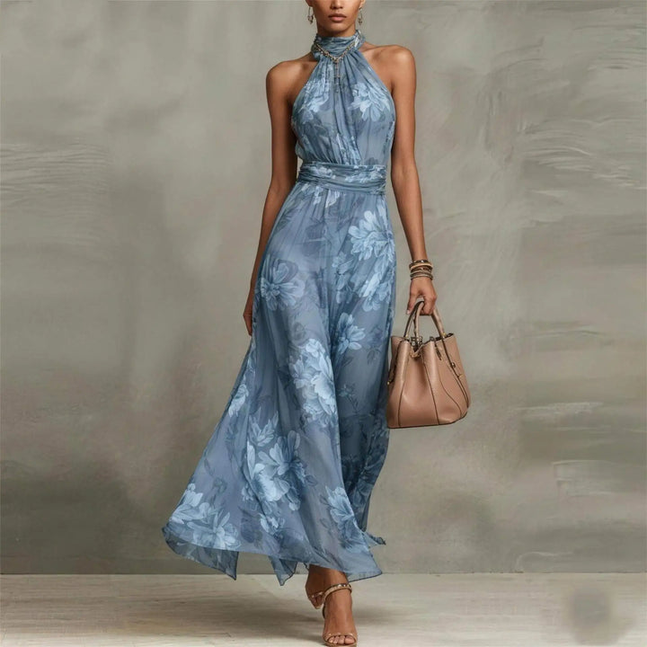 Summer floral maxi dress for women, elegant halter neck party wear, suitable for guests or vacation.