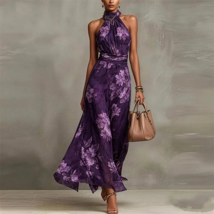 Elegant women's floral print maxi dress with halter neck & ruched waist, ideal for weddings or parties.