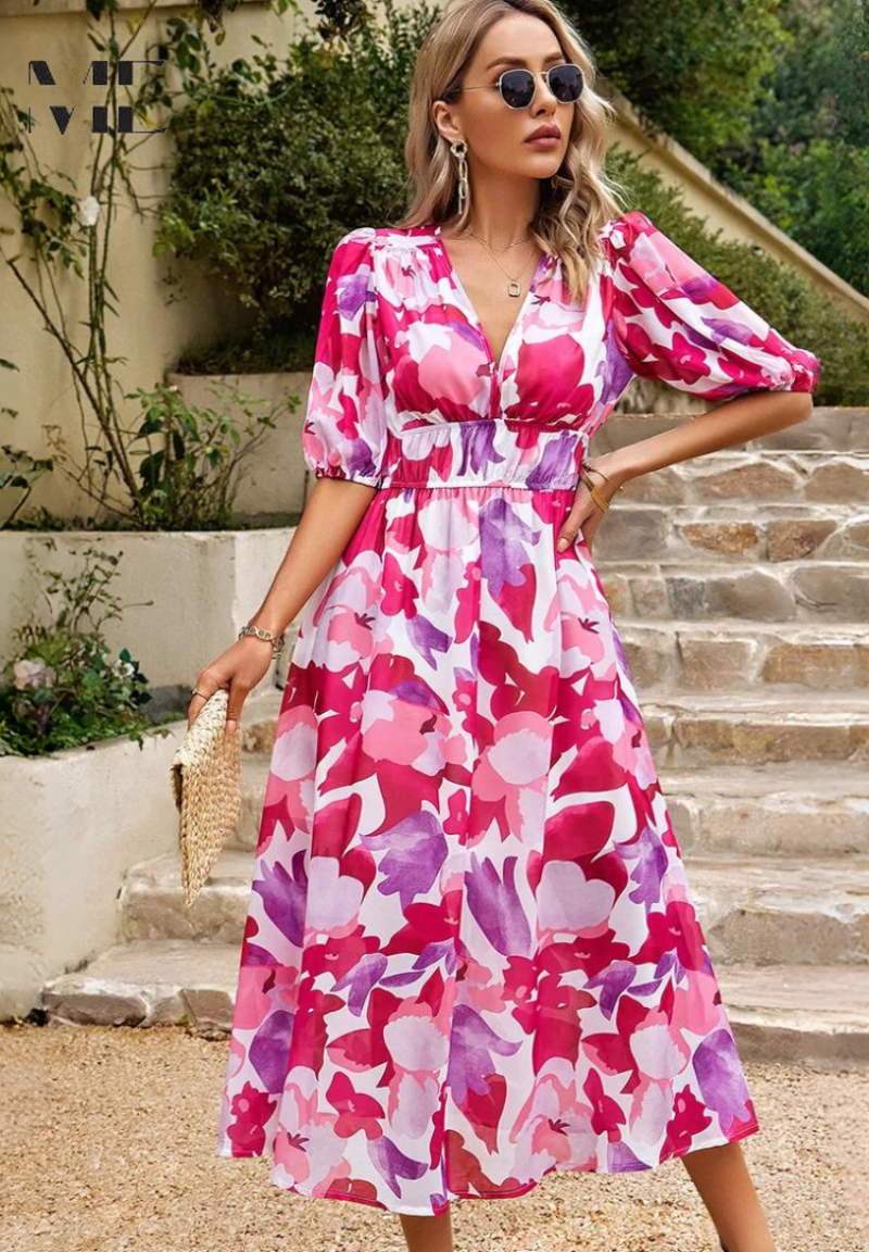 Spring fashion women's midi dress: elegant floral print, V-neck, puff sleeves, and A-line silhouette.