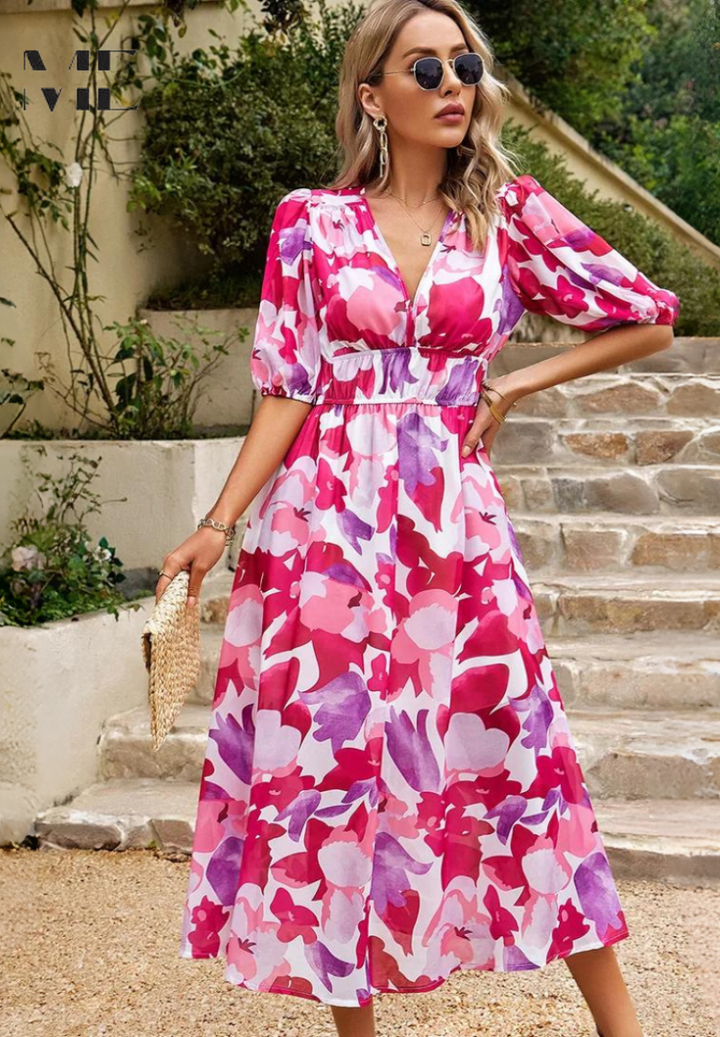 Spring fashion women's midi dress: elegant floral print, V-neck, puff sleeves, and A-line silhouette.